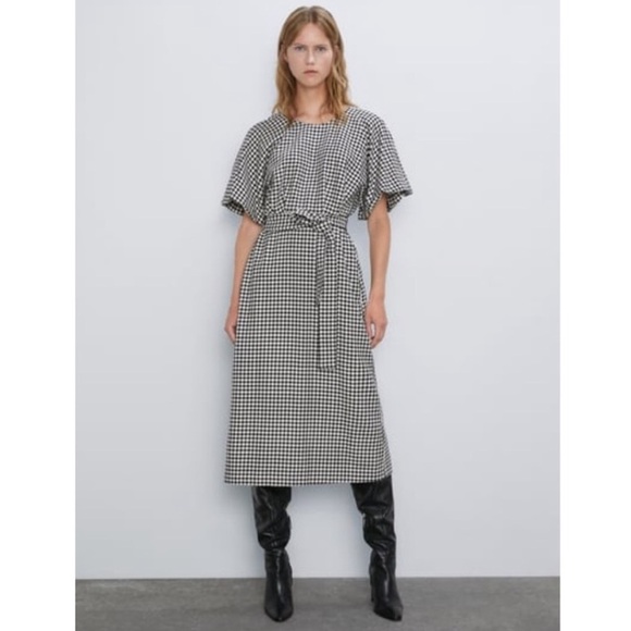 Zara Women Houndstooth Midi Dress Black White Balloon Sleeves Size M - Picture 9 of 16